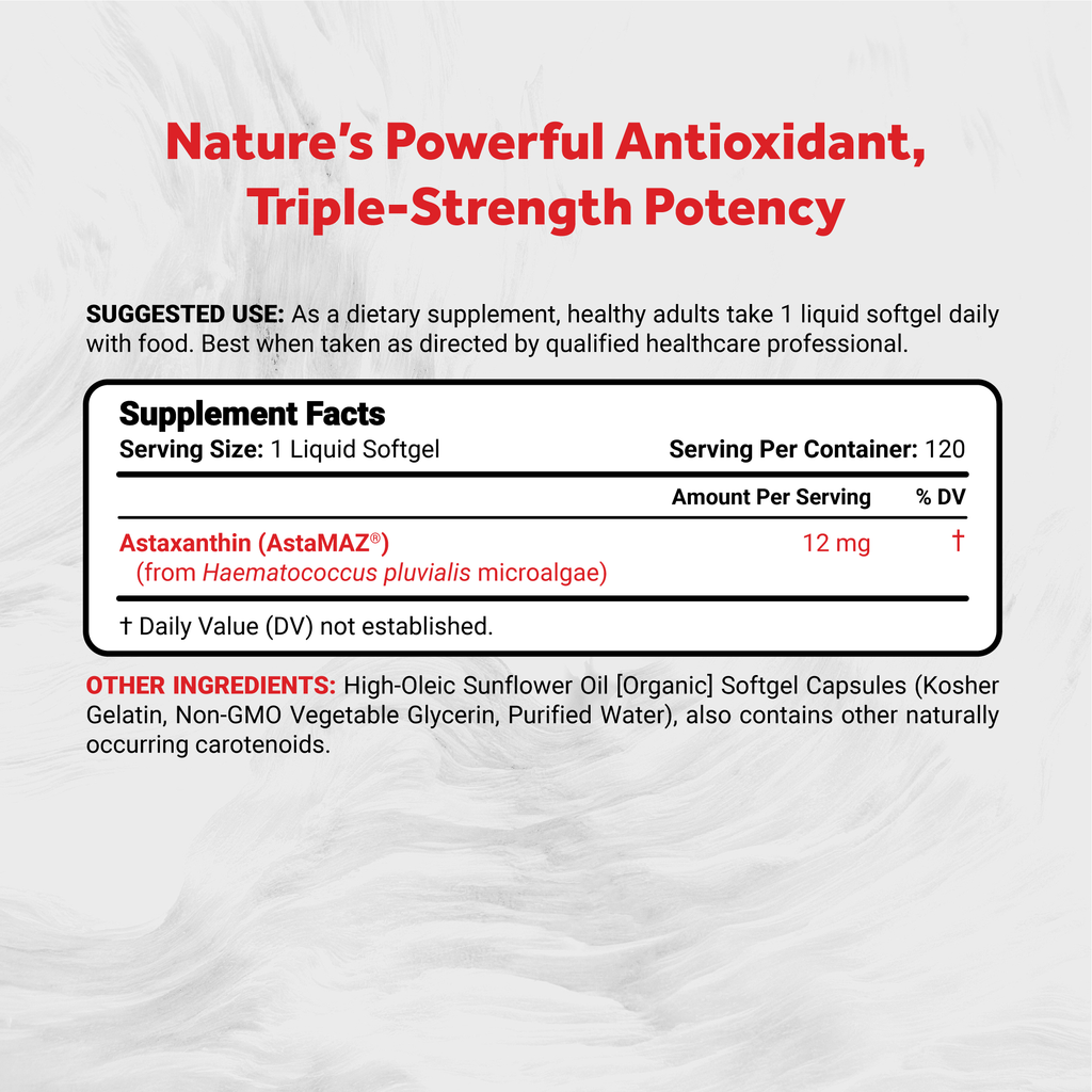 Naturalis New Zealand Astaxanthin (12mg) | Triple Strength with High-Oleic Sunflower Oil | Non-GMO, Soy & Gluten Free