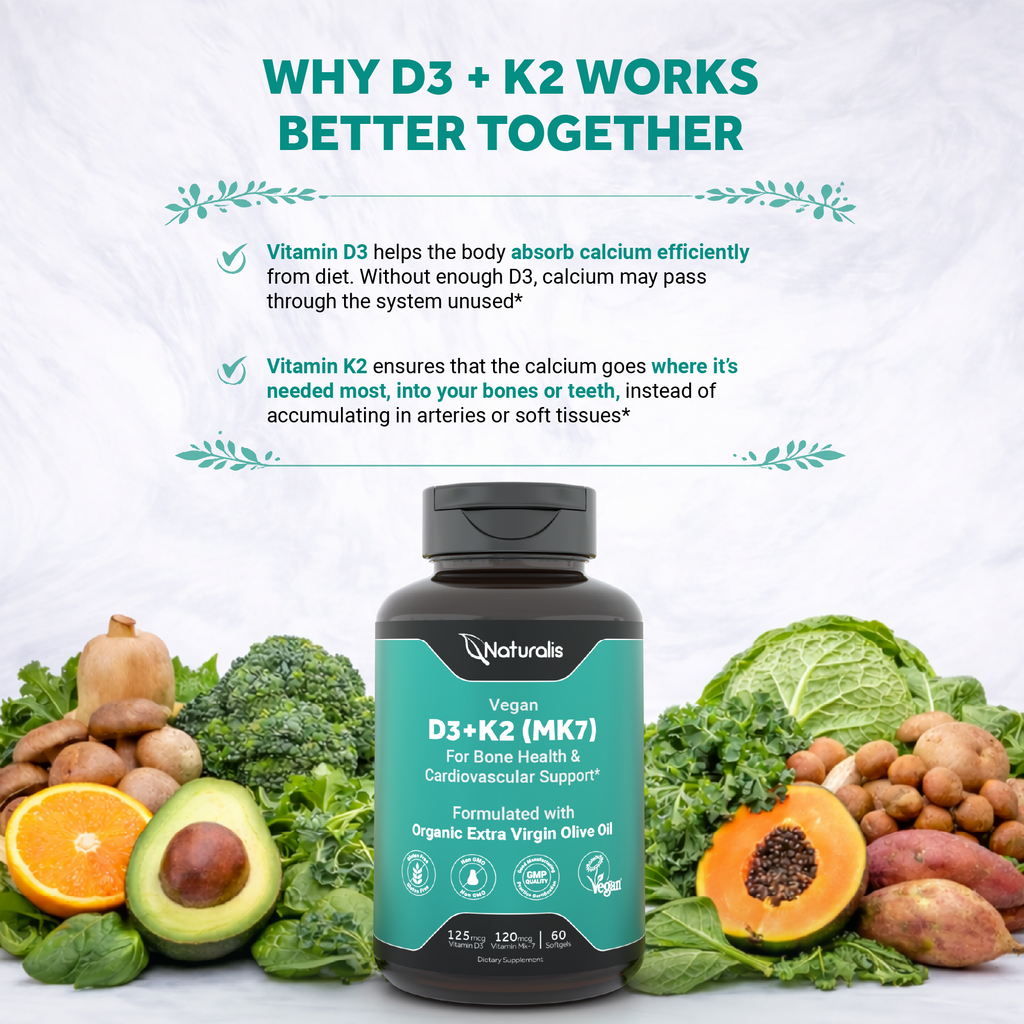 Naturalis Vegan Vitamin D3+K2 | 5000 IU Algae D3 + 120mcg MK7, in Olive Oil for Bone & Immune Health*