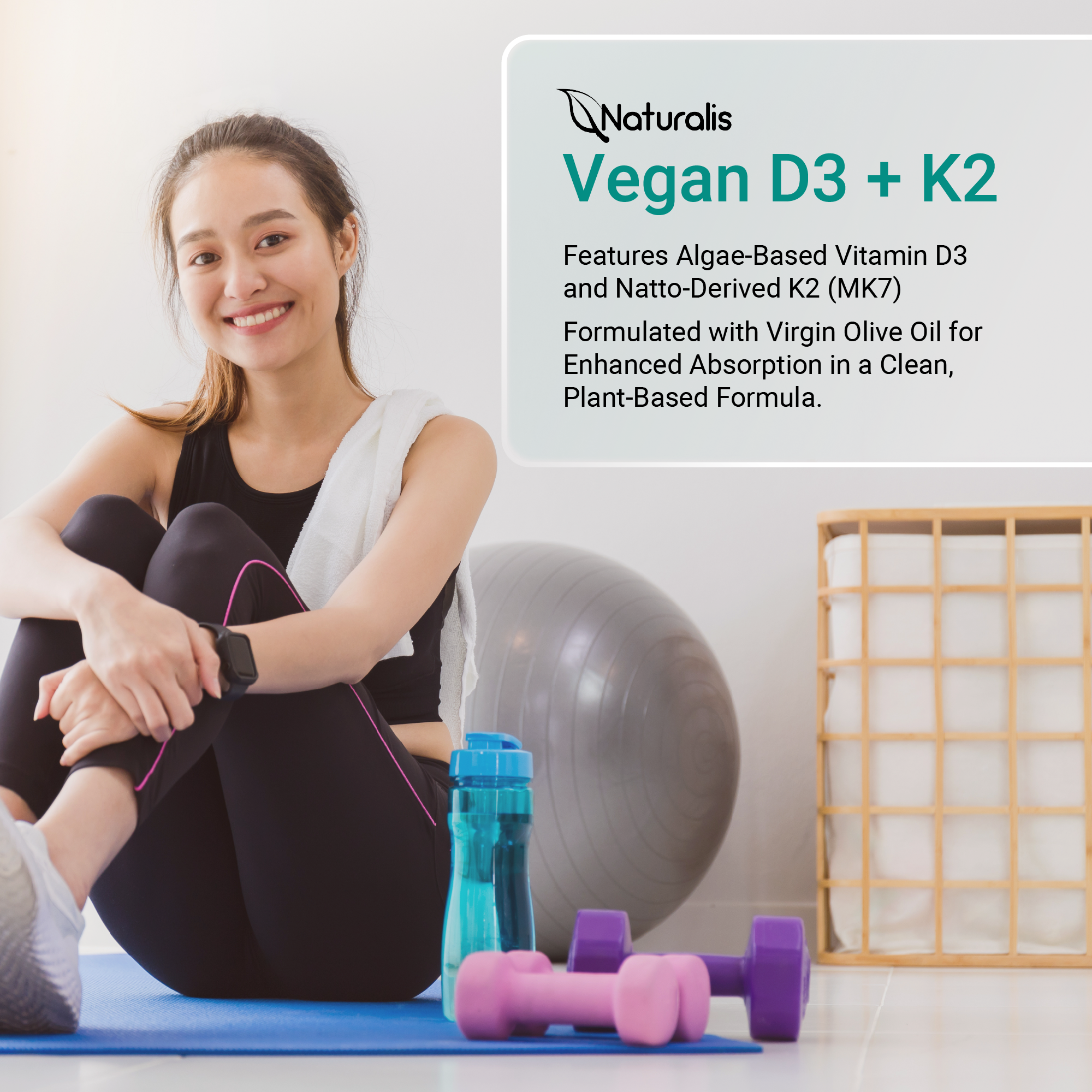 Naturalis Vegan Vitamin D3+K2 | 5000 IU Algae D3 + 120mcg MK7, in Olive Oil for Bone & Immune Health*