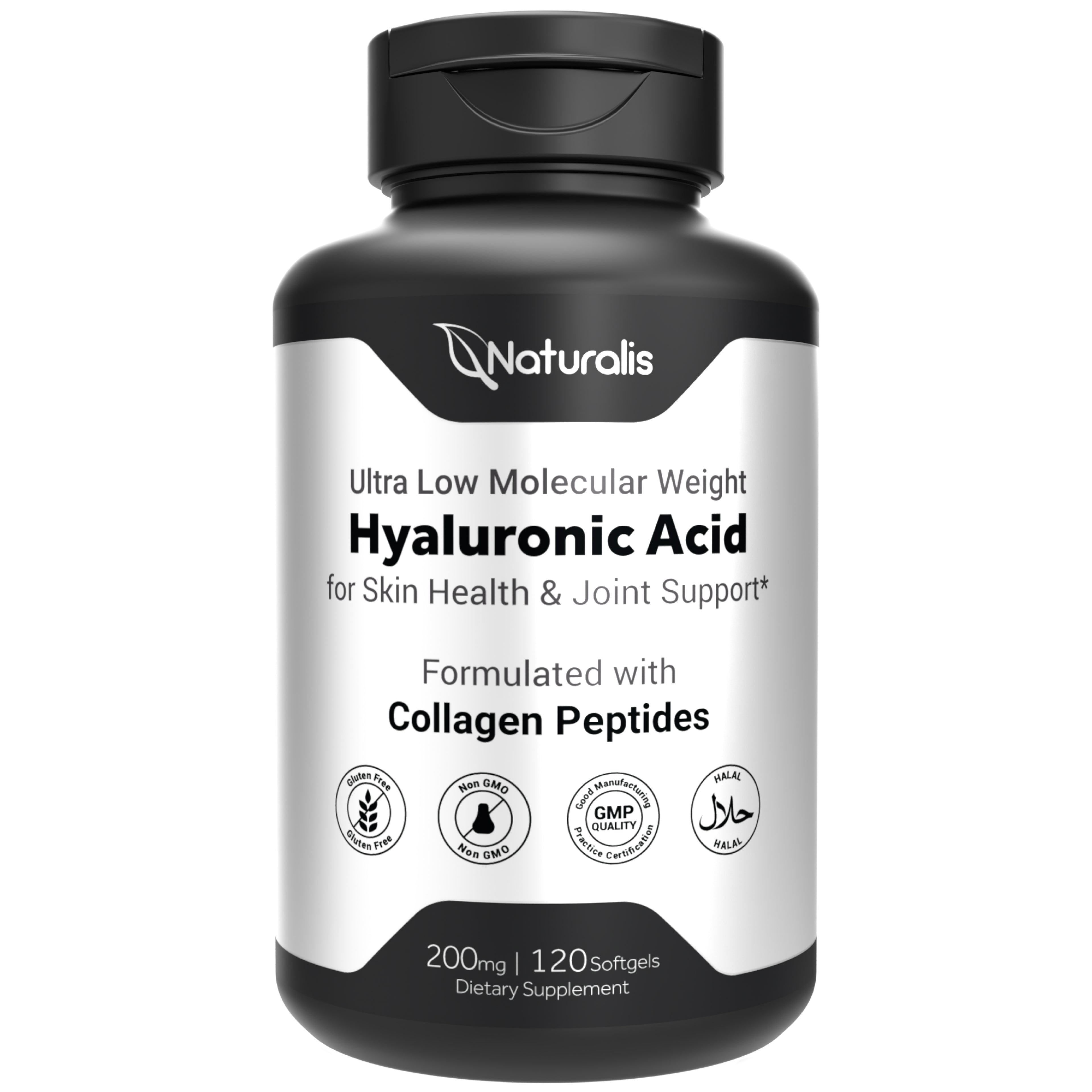 Naturalis Hyaluronic Acid 200mg, 10x Better Absorption Ultra Low Molecular Weight with Collagen, Biotin, Selenium & Vitamin E | Hair, Skin, Nails & Joint Supplements