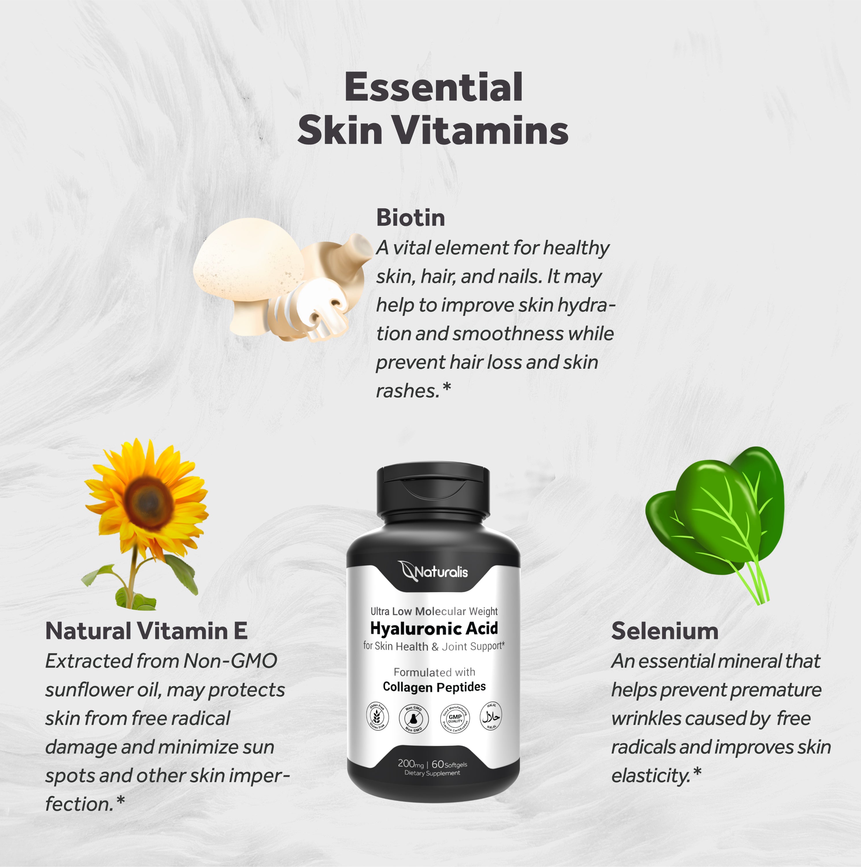 Naturalis Hyaluronic Acid 200mg, 10x Better Absorption Ultra Low Molecular Weight with Collagen, Biotin, Selenium & Vitamin E | Hair, Skin, Nails & Joint Supplements