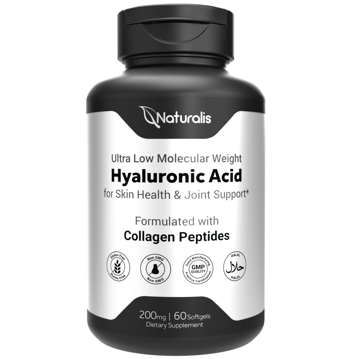 Naturalis Hyaluronic Acid 200mg, 10x Better Absorption Ultra Low Molecular Weight with Collagen, Biotin, Selenium & Vitamin E | Hair, Skin, Nails & Joint Supplements