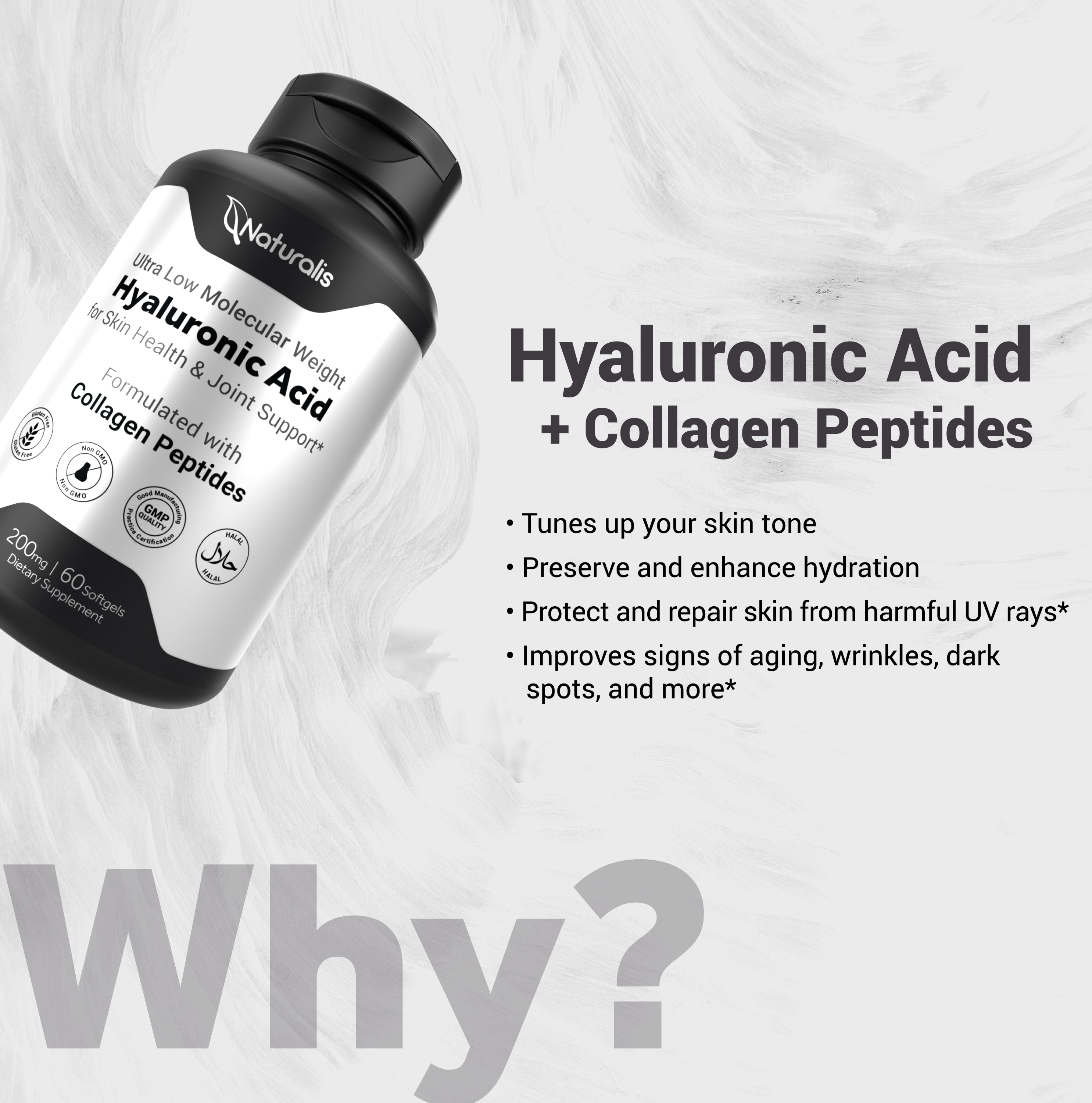 Naturalis Hyaluronic Acid 200mg, 10x Better Absorption Ultra Low Molecular Weight with Collagen, Biotin, Selenium & Vitamin E | Hair, Skin, Nails & Joint Supplements