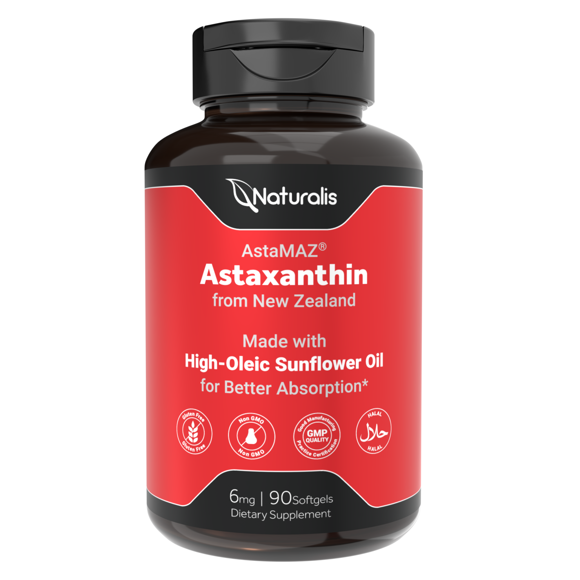 Naturalis New Zealand Astaxanthin (6mg) | High Potency with High-Oleic Sunflower Oil | Non-GMO, Soy & Gluten Free