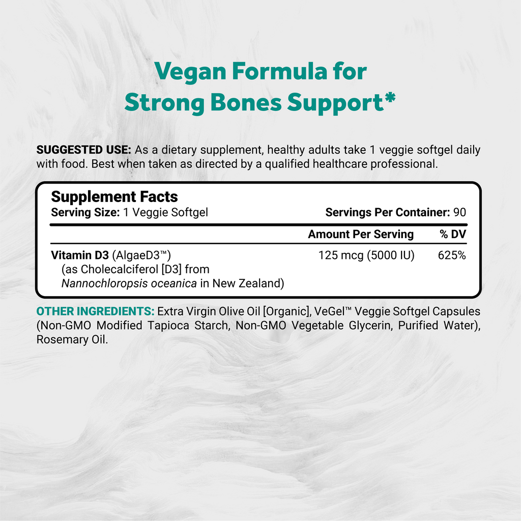 Naturalis Vegan Certified Vitamin D3 125mcg (5000IU) with AlgaeD3 | Vegan, Non-GMO, Soy & Gluten Free | Naturally Derived in New Zealand | Bone & Immune Support