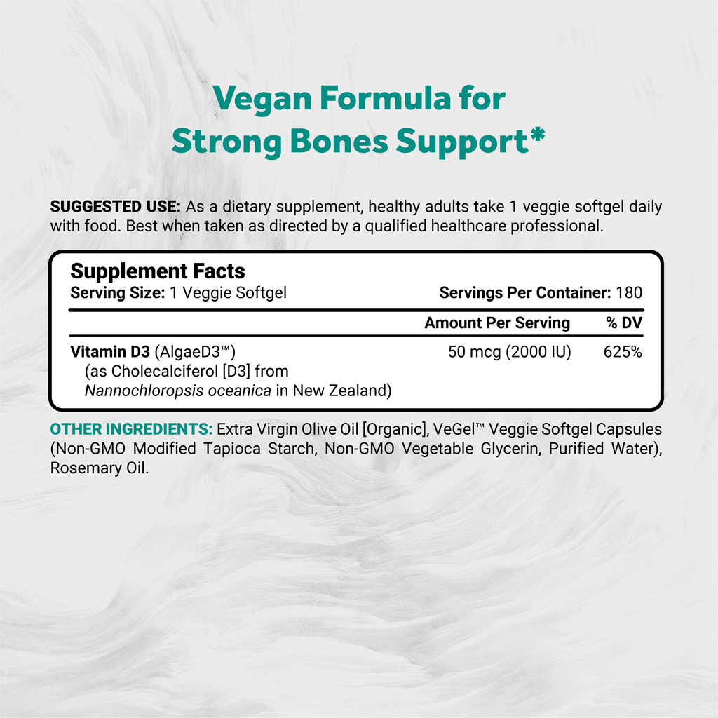Naturalis Vegan Certified Vitamin D3 50mcg (2000IU) with AlgaeD3 | Vegan, Non-GMO, Soy & Gluten Free | Naturally Derived in New Zealand | Bone & Immune Support