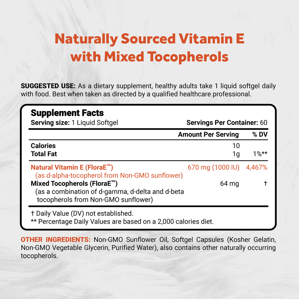 Naturalis Sunflower Vitamin E 670mg (1000 IU) with Mixed Tocopherols | Essential Skin Vitamin & Immune Support | Non-GMO, Soy & Gluten Free