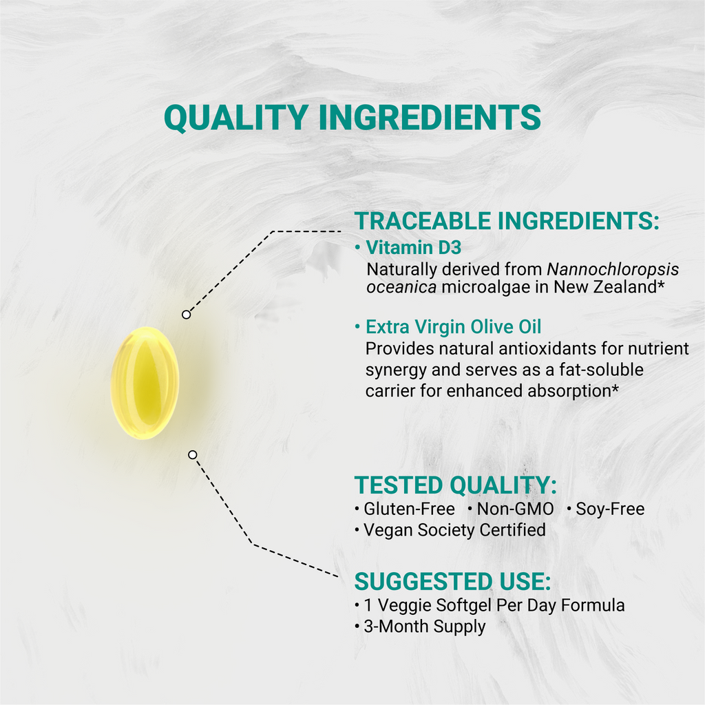 Naturalis Vegan Certified Vitamin D3 125mcg (5000IU) with AlgaeD3 | Vegan, Non-GMO, Soy & Gluten Free | Naturally Derived in New Zealand | Bone & Immune Support