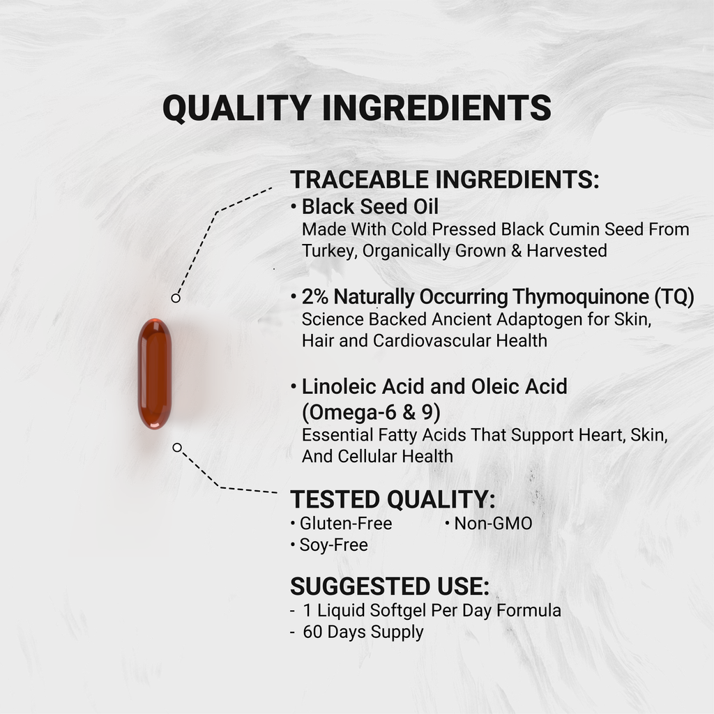 Cold Pressed Black Seed Oil 1000mg |2% Naturally Occurring Thymoquinone (TQ) image 2