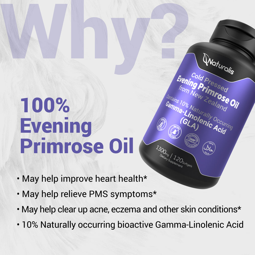 Naturalis Evening Primrose Oil (1300mg) | 100% Natural from New Zealand | Non-GMO, Soy & Gluten Free, Zero Filler