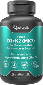 Naturalis Vegan Vitamin D3 + K2 with Extra Virgin Olive Oil | 5000iu Vitamin D with 120mcg MK7 Vitamin K | Better Support for Bone & Immune Health | Vegan Society Certified