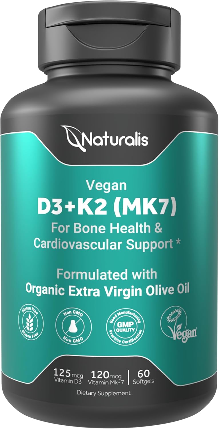 Naturalis Vegan Vitamin D3 + K2 with Extra Virgin Olive Oil | 5000iu Vitamin D with 120mcg MK7 Vitamin K | Better Support for Bone & Immune Health | Vegan Society Certified