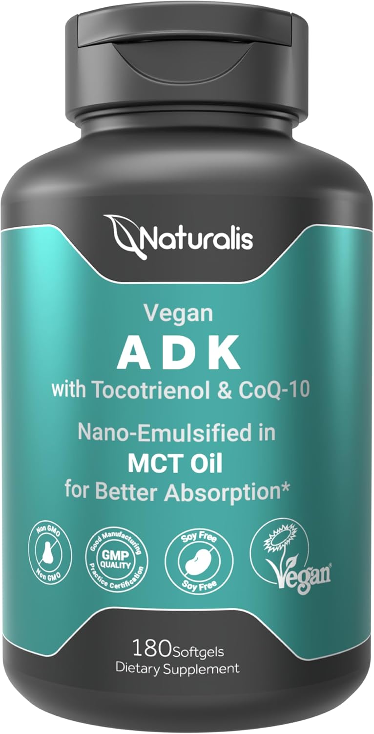 Naturalis Vegan Vitamin ADK with 50mg Tocotrienol and CoQ-10 | Nano-Emulsified in EVOO for Better Absoprtion | Non-GMO, Soy Free and Vegan Society Certified