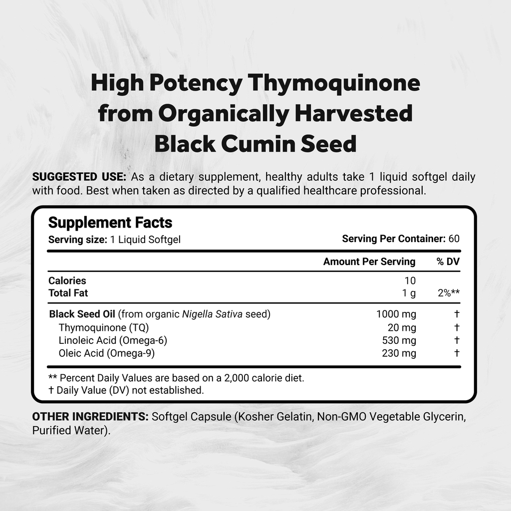 Cold Pressed Black Seed Oil 1000mg |2% Naturally Occurring Thymoquinone (TQ) image 1