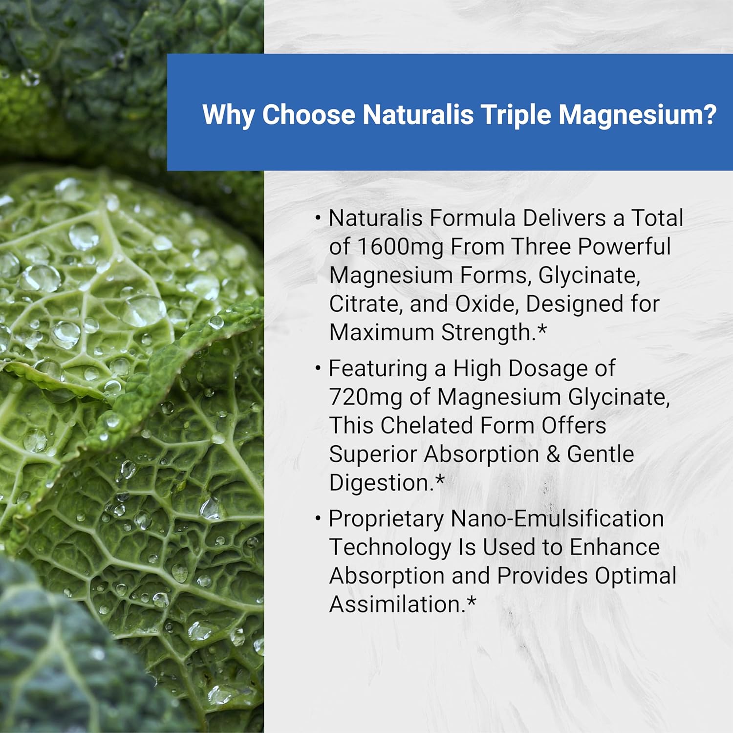 Naturalis Vegan Triple Magnesium Complex | Chelated Glycinate, Citrate & Oxide 1600mg Delivers 250mg Elemental Magnesium | Easily Absorbed for Stress, Muscle, Heart, Bone Support*