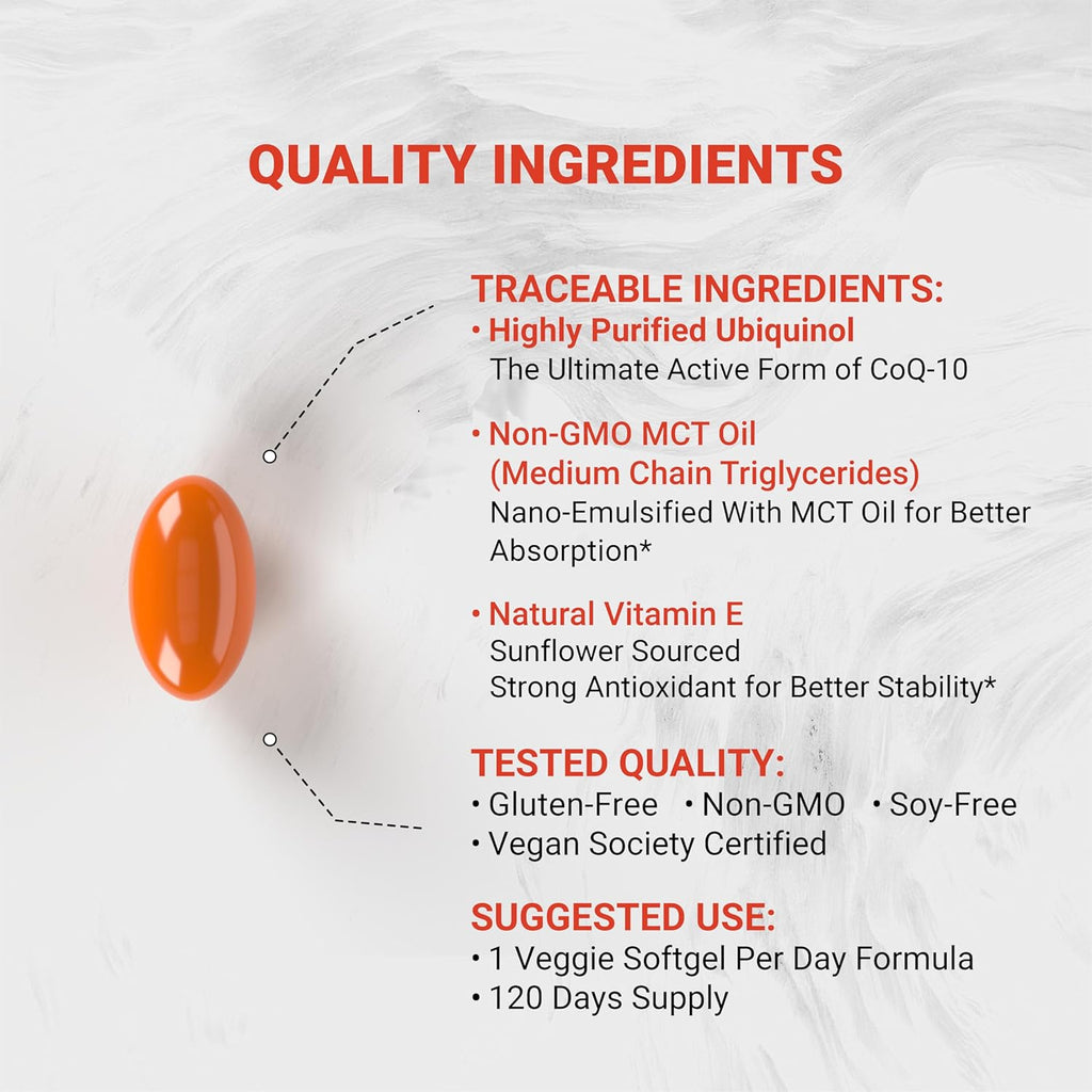 Naturalis Ubiquinol 100mg Active CoQ-10 Emulsified in MCT Oil for Better Absorption | Gluten Free, Non-GMO & Soy-Free | Cardiovascular Wellness, Antioxidant Protection, and Healthy Skin*