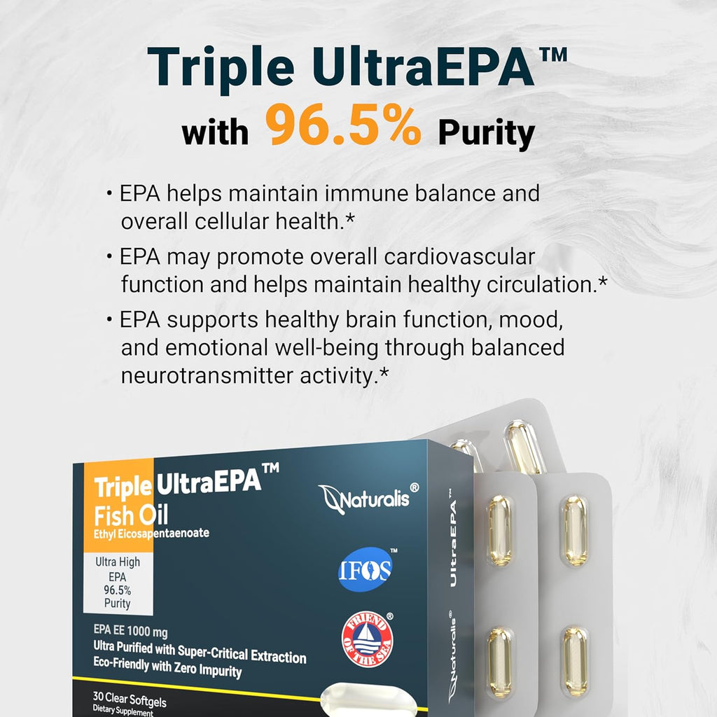Naturalis Triple Strength UltraEPA™ EPA 1000mg | Pharmaceutical Grade High Purity 99% Omega-3 with 96.5% EPA Burpless Fish Oil | IFOS Certified, Sustainably Sourced, Non-GMO | 30 Softgels