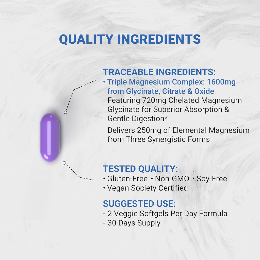 Naturalis Vegan Triple Magnesium Complex | Chelated Glycinate, Citrate & Oxide 1600mg Delivers 250mg Elemental Magnesium | Easily Absorbed for Stress, Muscle, Heart, Bone Support*
