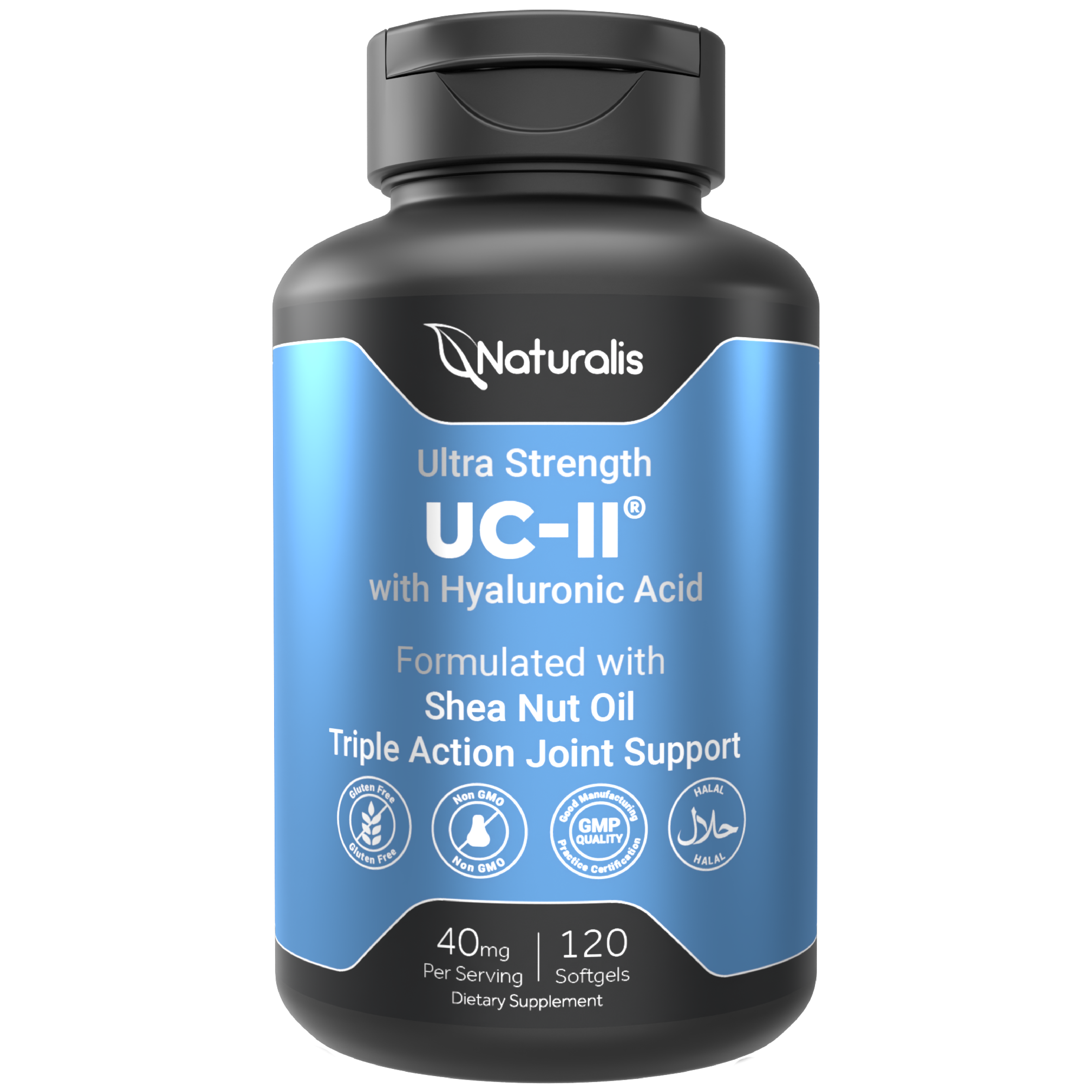 Naturalis UC-II 40 mg with Hyaluronic Acid and Shea Nut Oil | Enhanced Undenatured Type II Collagen for Better Joint Health, Mobility & Flexibility | Gluten-Free & Non-GMO