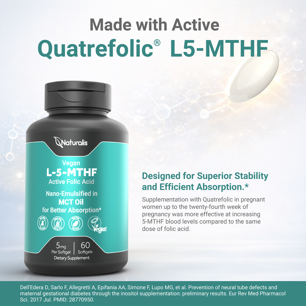 Naturalis Vegan L-5-MTHF 5mg (8300 mcg DFE) | Active Folate for Prenatal & Methylation Support | Vegan, Non-GMO, Soy & Gluten Free