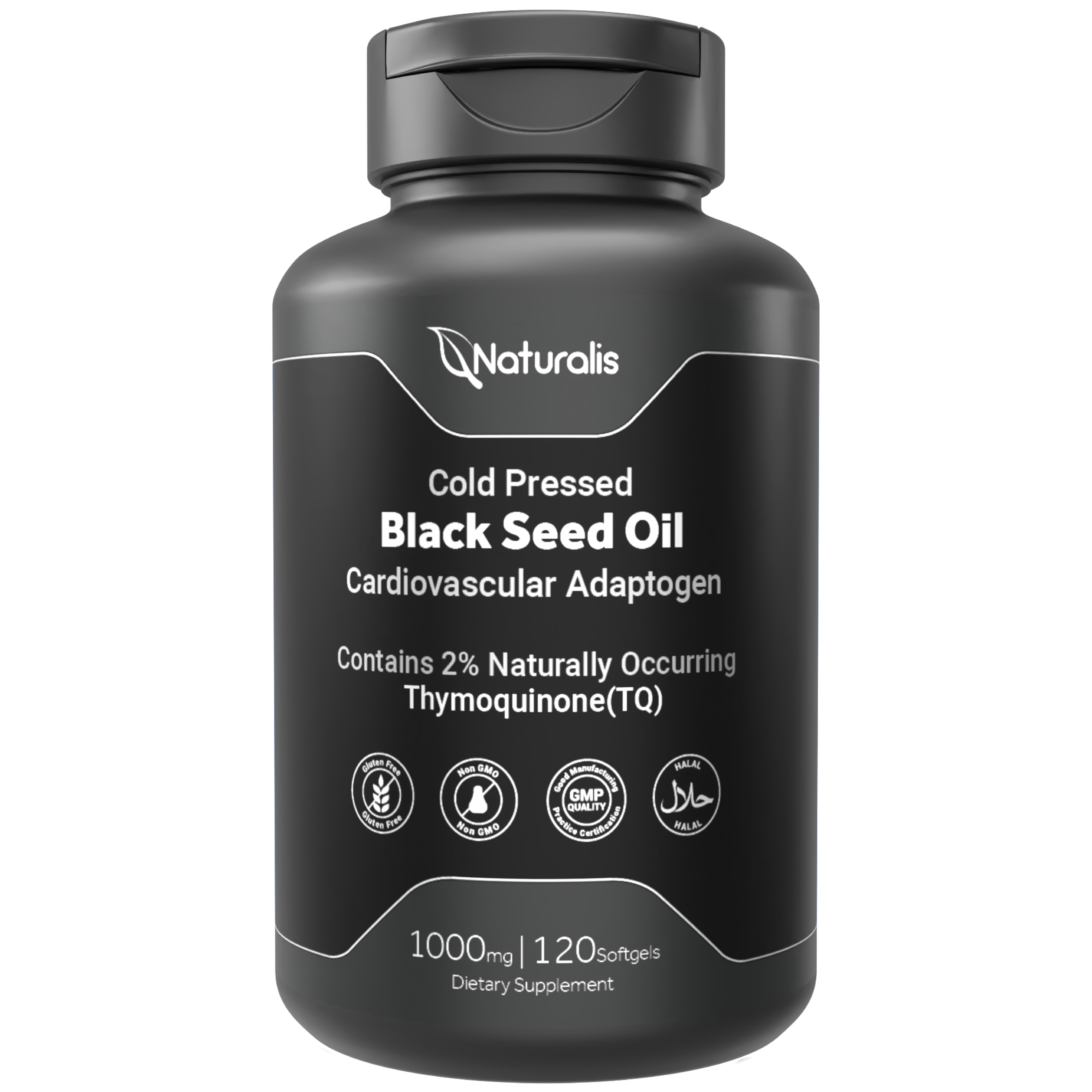 Naturalis Cold Pressed Black Seed Oil 1000mg | 2% Naturally Occurring Thymoquinone (TQ) for Hair, Skin, Nails & Cardiovascular Support | Non-GMO, Gluten & Soy Free