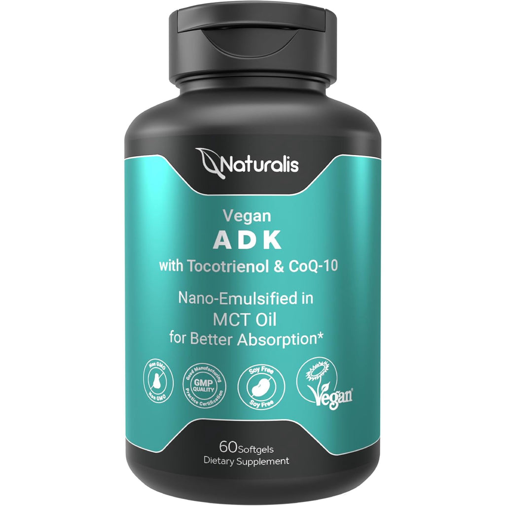 Naturalis Vegan Vitamin ADK with 50mg Tocotrienol and CoQ-10 | Nano-Emulsified in EVOO for Better Absoprtion | Non-GMO, Soy Free and Vegan Society Certified