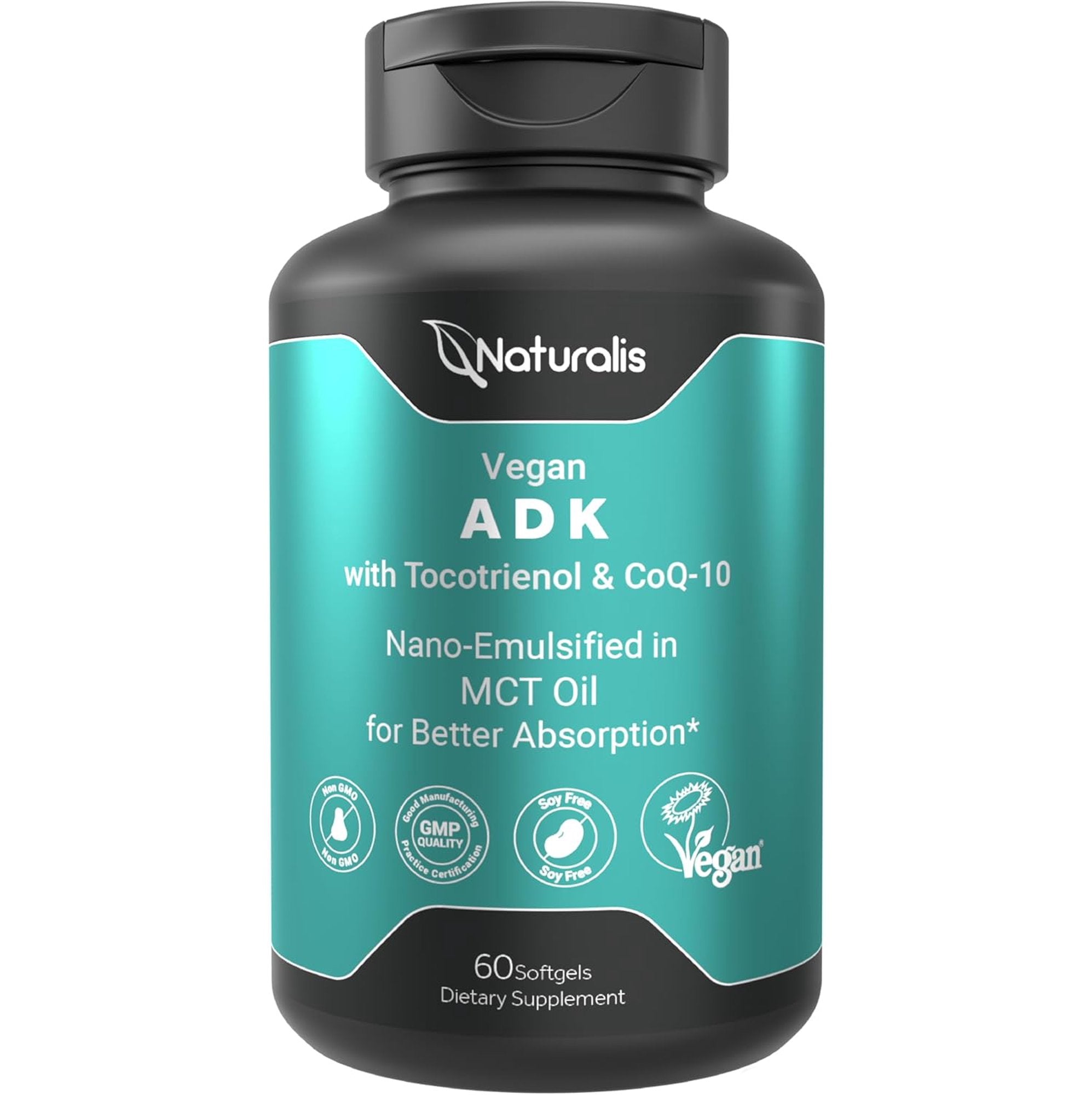 Naturalis Vegan Vitamin ADK with 50mg Tocotrienol and CoQ-10 | Nano-Emulsified in EVOO for Better Absoprtion | Non-GMO, Soy Free and Vegan Society Certified