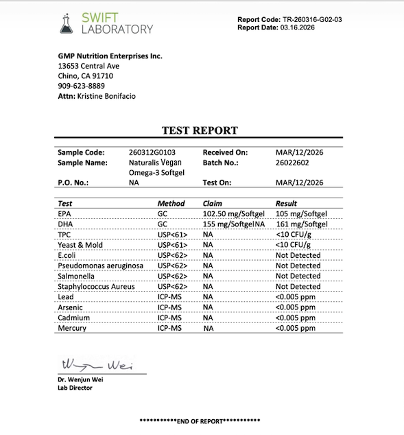 Third-party test report for Naturalis Vegan Omega-3 from algae