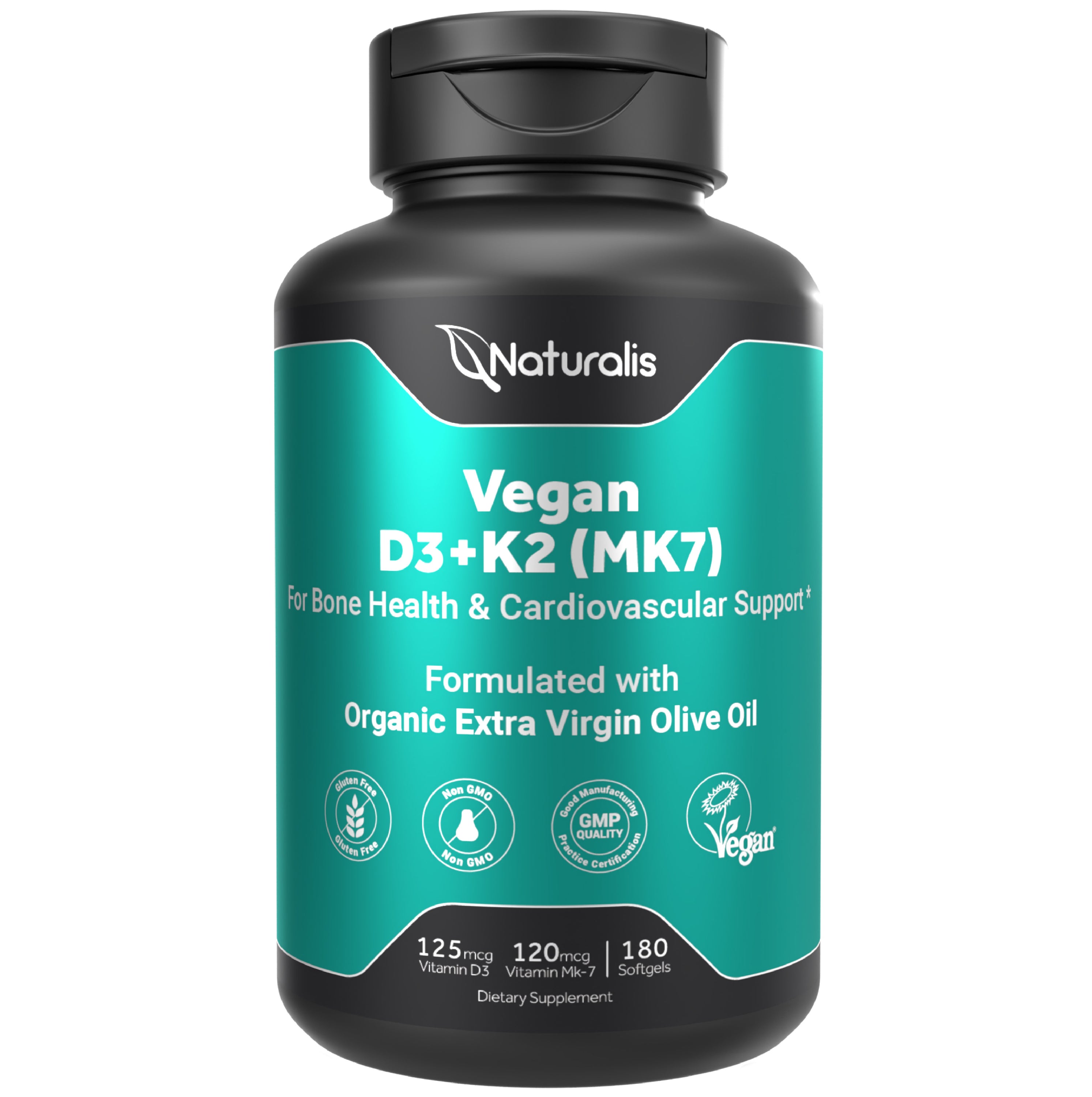 Naturalis Vegan Vitamin D3 + K2 with Extra Virgin Olive Oil | 5000iu Vitamin D with 120mcg MK7 Vitamin K | Better Support for Bone & Immune Health | Vegan Society Certified