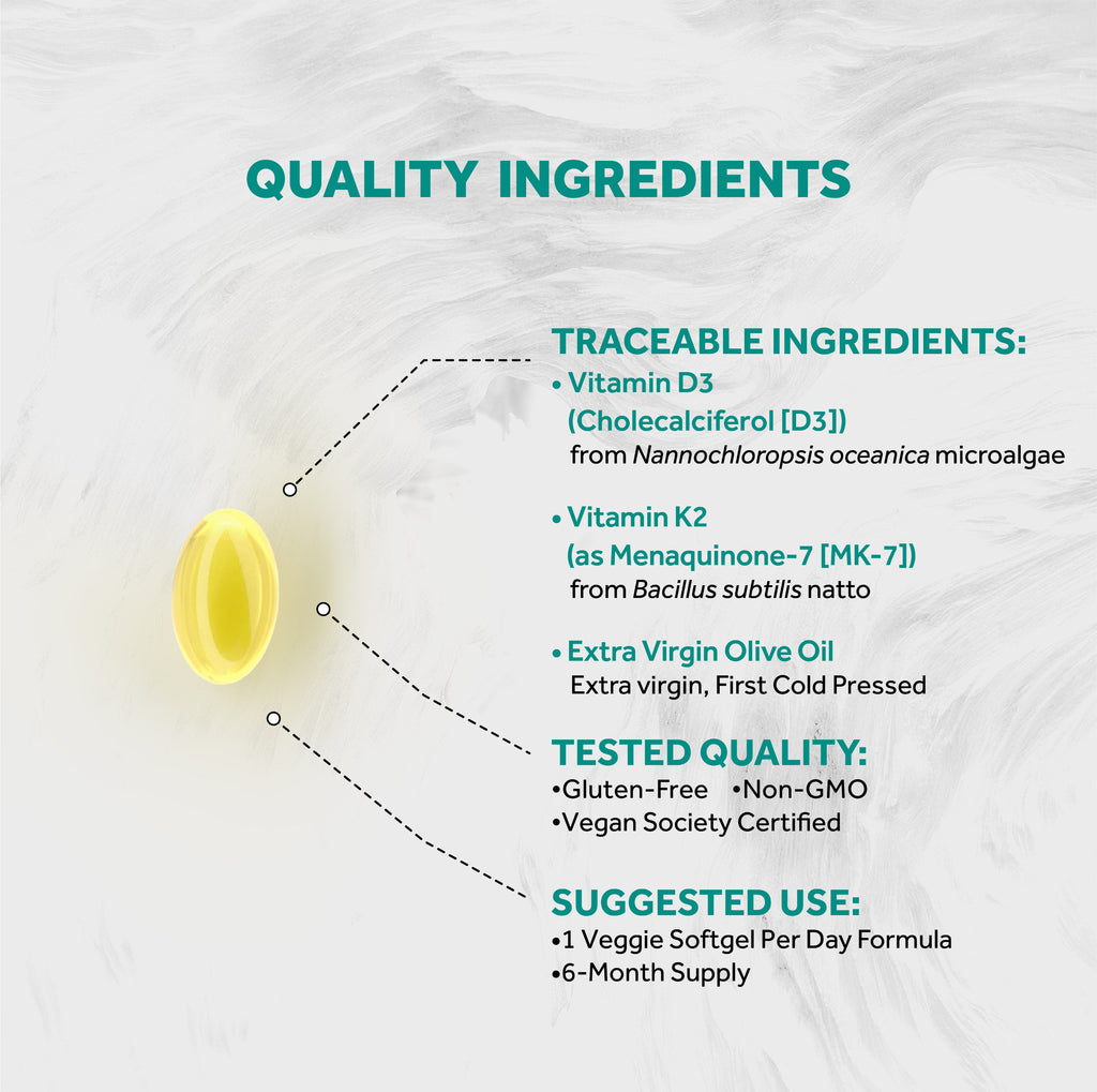 Naturalis Vegan Vitamin D3 + K2 with Extra Virgin Olive Oil | 5000iu Vitamin D with 120mcg MK7 Vitamin K | Better Support for Bone & Immune Health | Vegan Society Certified
