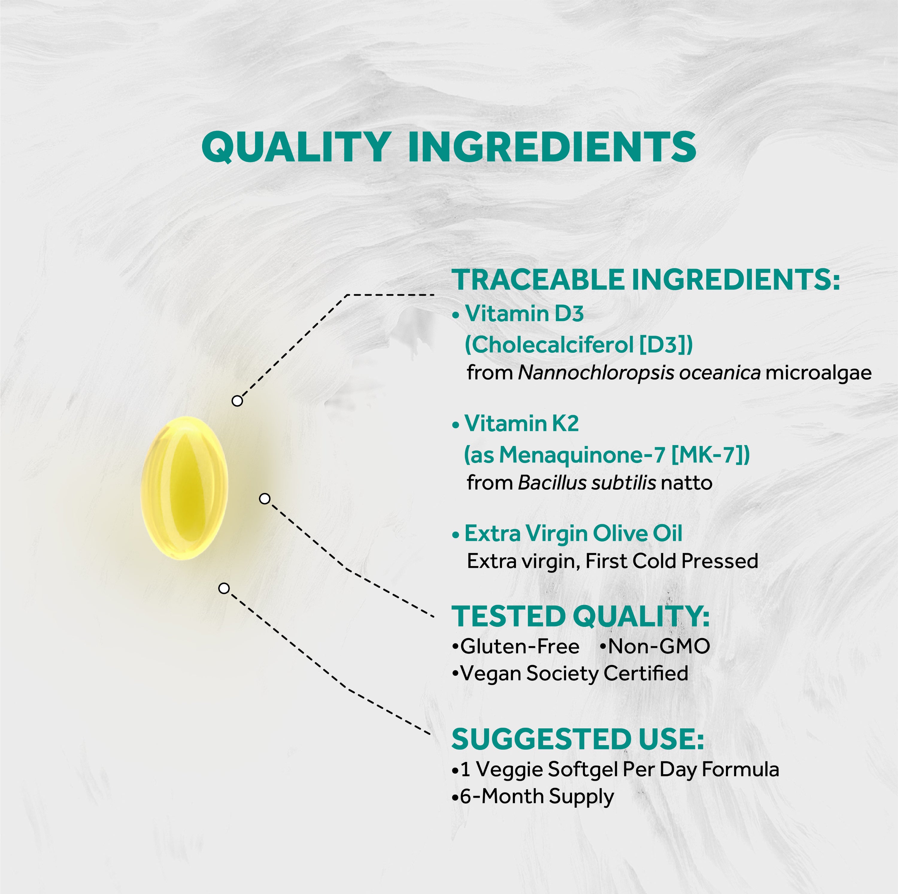 Naturalis Vegan Vitamin D3 + K2 with Extra Virgin Olive Oil | 5000iu Vitamin D with 120mcg MK7 Vitamin K | Better Support for Bone & Immune Health | Vegan Society Certified
