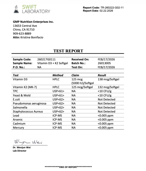 Third-party test report for Naturalis Vegan Vitamin D3+K2