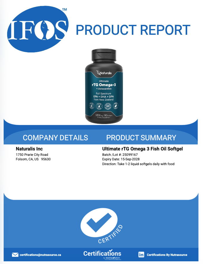 Third-party IFOS product report for Naturalis Ultra rTG Omega-3 1800mg